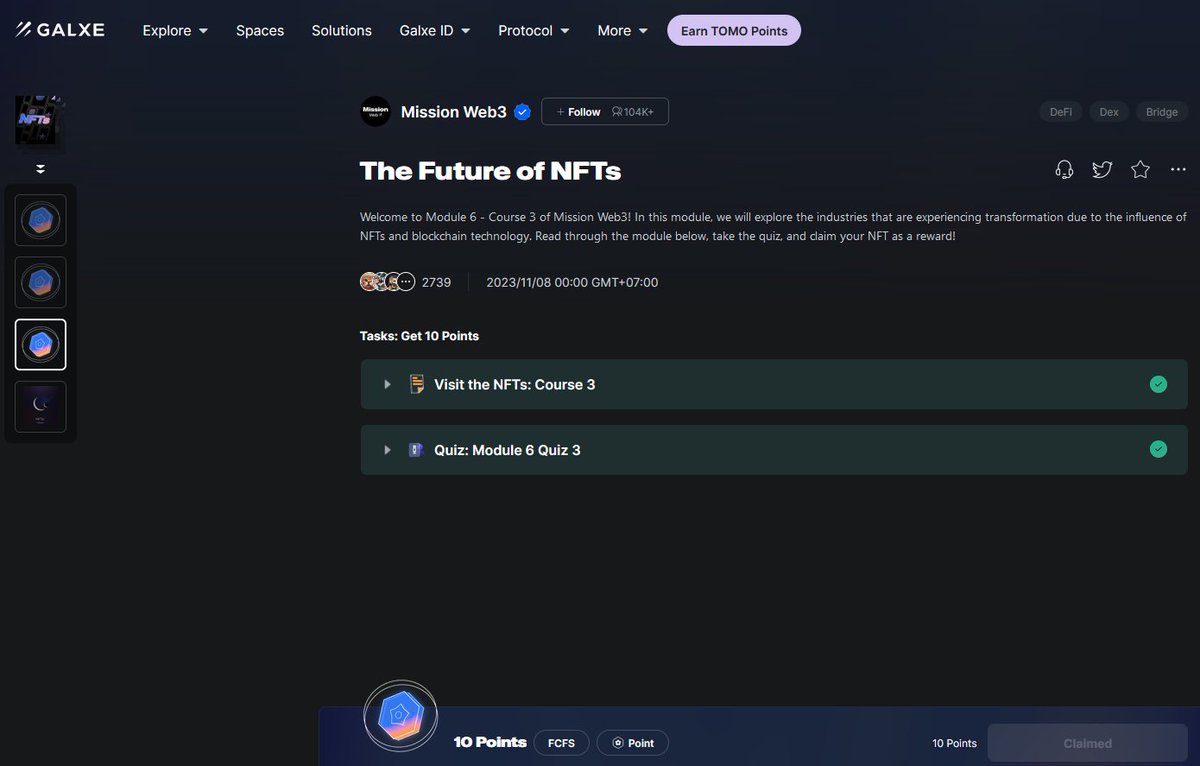 ThiPham020990's tweet image. Claim Free 10 points The Future of NFTs #MissionWeb3

Link: galxe.com/MissionWeb3/ca…

Quiz answers: 1B 2B 3B 4A 5C