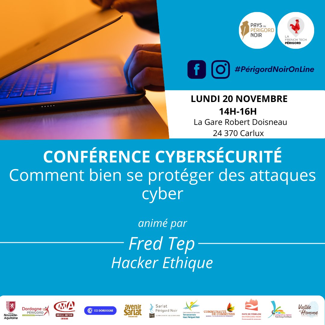 Dain_Rbk's tweet photo. #PerigordNoirOnline 
➡️ En tant qu’entreprise, comment se protéger des attaques cyber ?
Fred Tep, hacker éthique, sera au rendez-vous pour vous en parler !
Lundi 20 Nov de 14h à 16h- Gare Robert Doisneau, 24 370 Carlux
N’attendez plus pour vous inscrire 👉 https://t.co/1gcaCfJx5p https://t.co/Ghu3WtYzLg