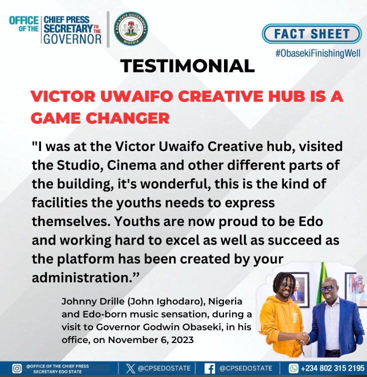 Victor Uwaifo Creative Hub Is A Game Changer

@GovernorObaseki 
#finishingStrong
#MEGA