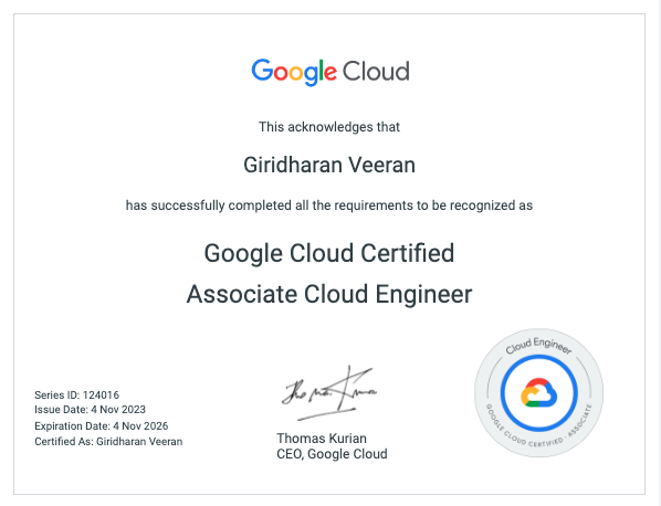 GIRI18V's tweet photo. 🚀 Exciting News! Just earned Google Cloud Associate Cloud Engineer certification. Thanks to @In28Minutes  for the amazing Udemy course and @PublicisSapient  for the support. Ready for the cloud journey ahead! #GoogleCloud #100DaysOfCode https://t.co/7TfehsRiJZ