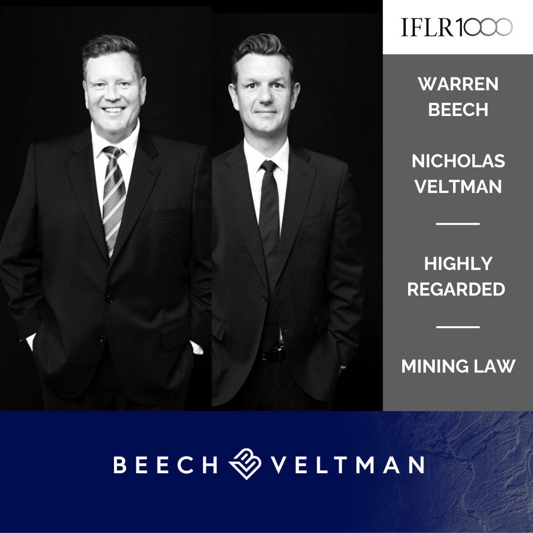 BeechVeltman's tweet photo. We are proud to announce that Warren Beech and Nicholas Veltman have been acknowledged by #IFLR1000, a prominent global ranking directory, as ‘Highly Regarded’ lawyers in the field of #Mining for the year 2024 in #SouthAfrica. https://t.co/ggTaywA4ai #HighlyRegarded #MiningLaw https://t.co/UfYAYjSw7b