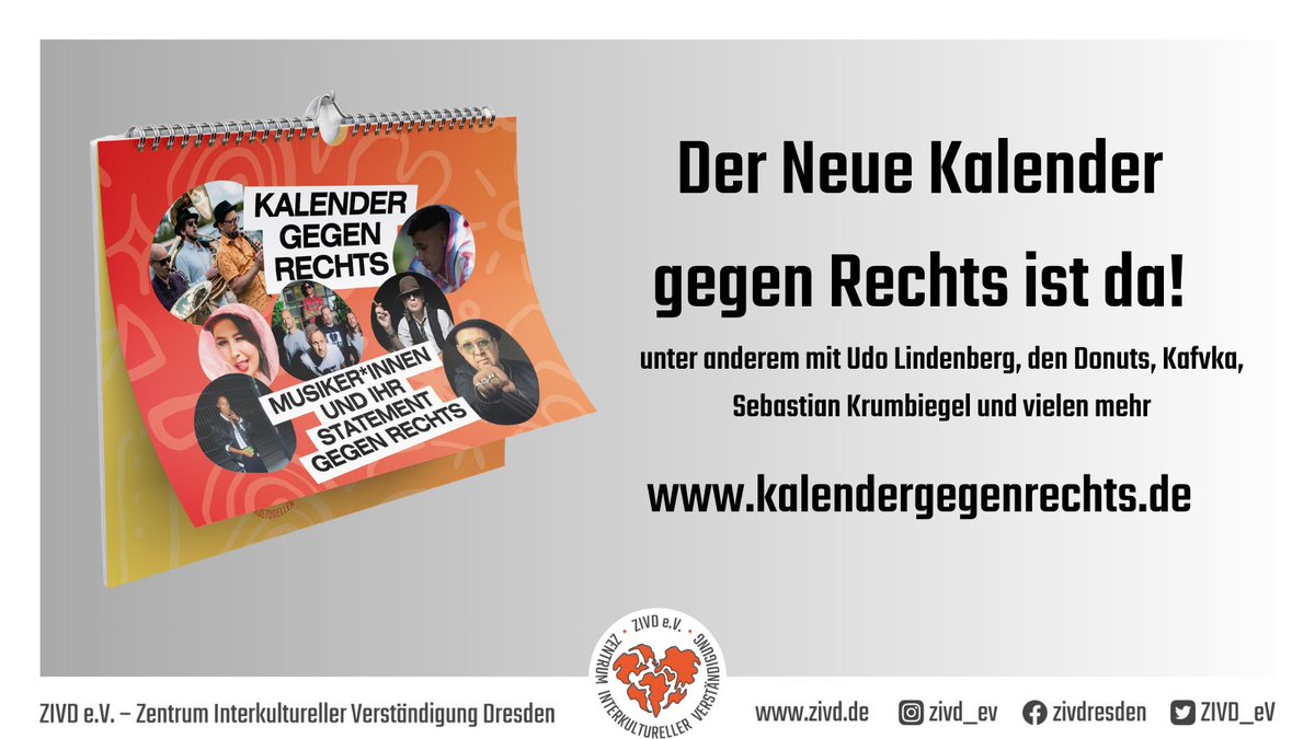 Es ist soweit: der neue #KalendergegenRechts ist da! Ihr könnt ihn jetzt bestellen und damit <a href="/AmadeuAntonio/">Amadeu Antonio Stiftung</a>  und <a href="/RAASachsen/">RAA Sachsen e.V.</a>  unterstützen!
#FCKAfD #FCKNZS 
zivd.de/kalender-gegen…