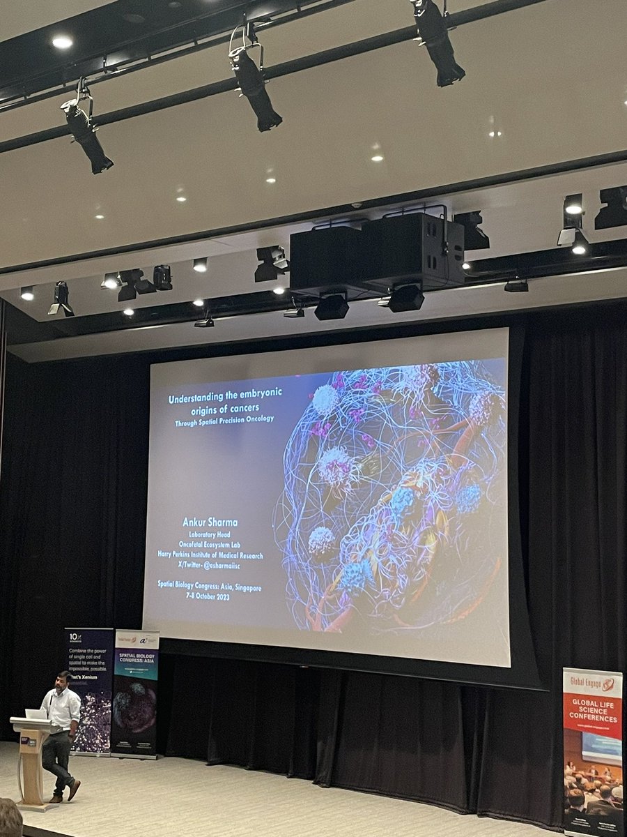 @asharmaiisc enchanting everyone at #SBCA2023 Singapore with all the magic happening in the Oncofetal  Ecosystem Laboratory! Eavesdropping in spatial context to unfold the secrets of tumor evolution translates scientific findings to the clinic. @SharmaaLab