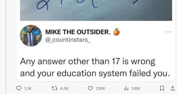 fsminsurance's tweet image. That's right, multiplitcation must be first, and that 130k shows us why should a good programmer group the multiplication part as well 2 + (5(8-5)) to have more clarified #clean_code. Same about && and || logics
@PR0GRAMMERHUM0R
