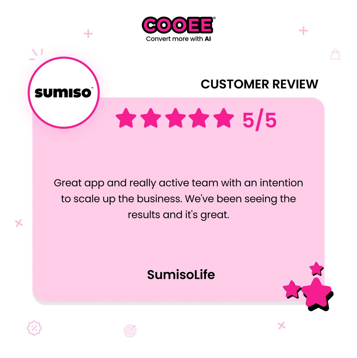 Big thanks for the shout-out, Sumiso! 🙌 We're absolutely thrilled that Cooee has proven to be a valuable resource for you, giving you the desired results.

#CooeeSuccessStories #RealTimeIntentAnalysis #Shopify