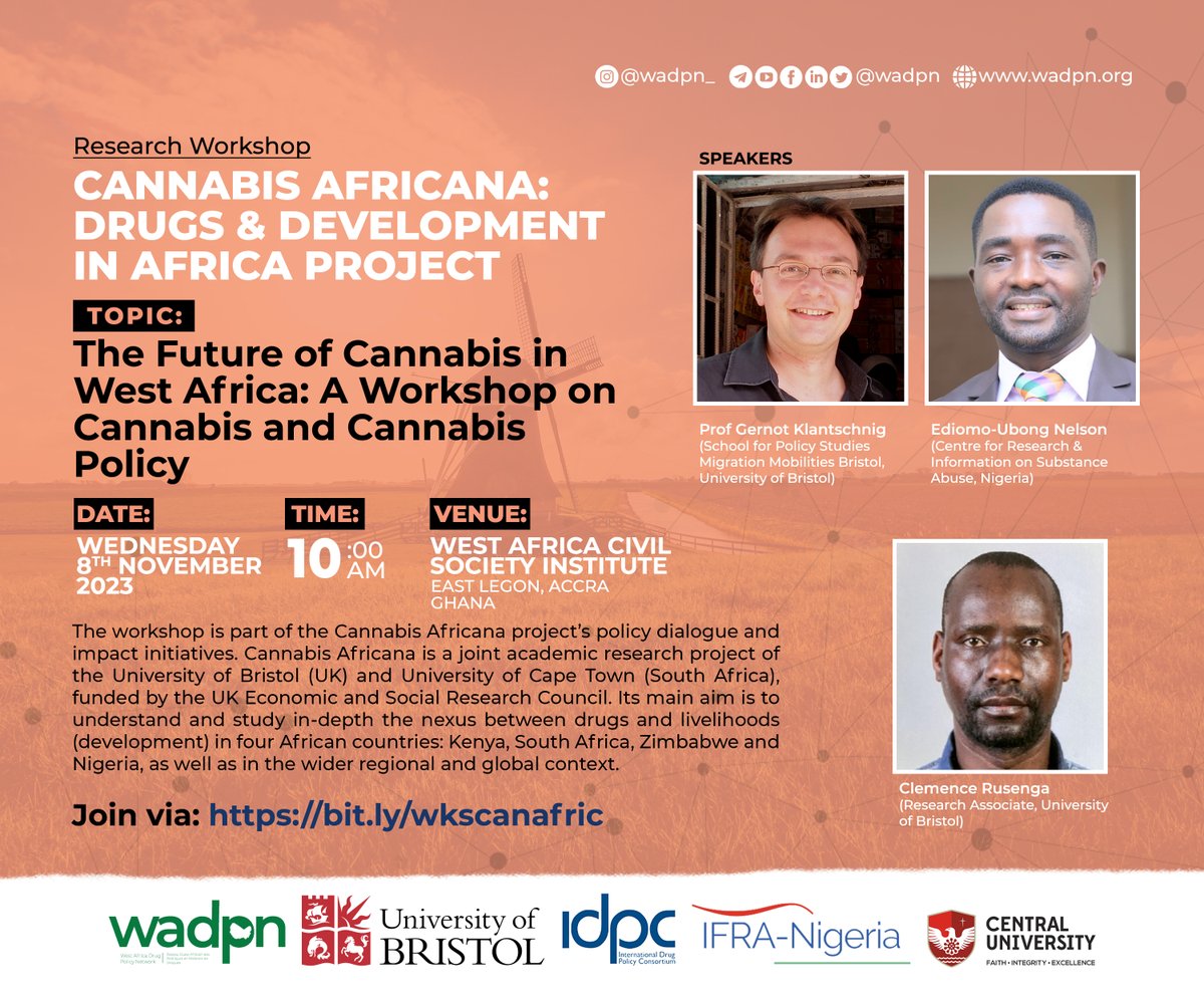If you have some free time, please join us virtually for the Cannabis and Cannabis Policy Workshop tomorrow at 10:00 a.m. (Accra time). We look forward to your participation.

Join here: bit.ly/wkscanafric

#Africa #WestAfrica <a href="/foolowers/">foolowers</a> #WADPN #Cannabis