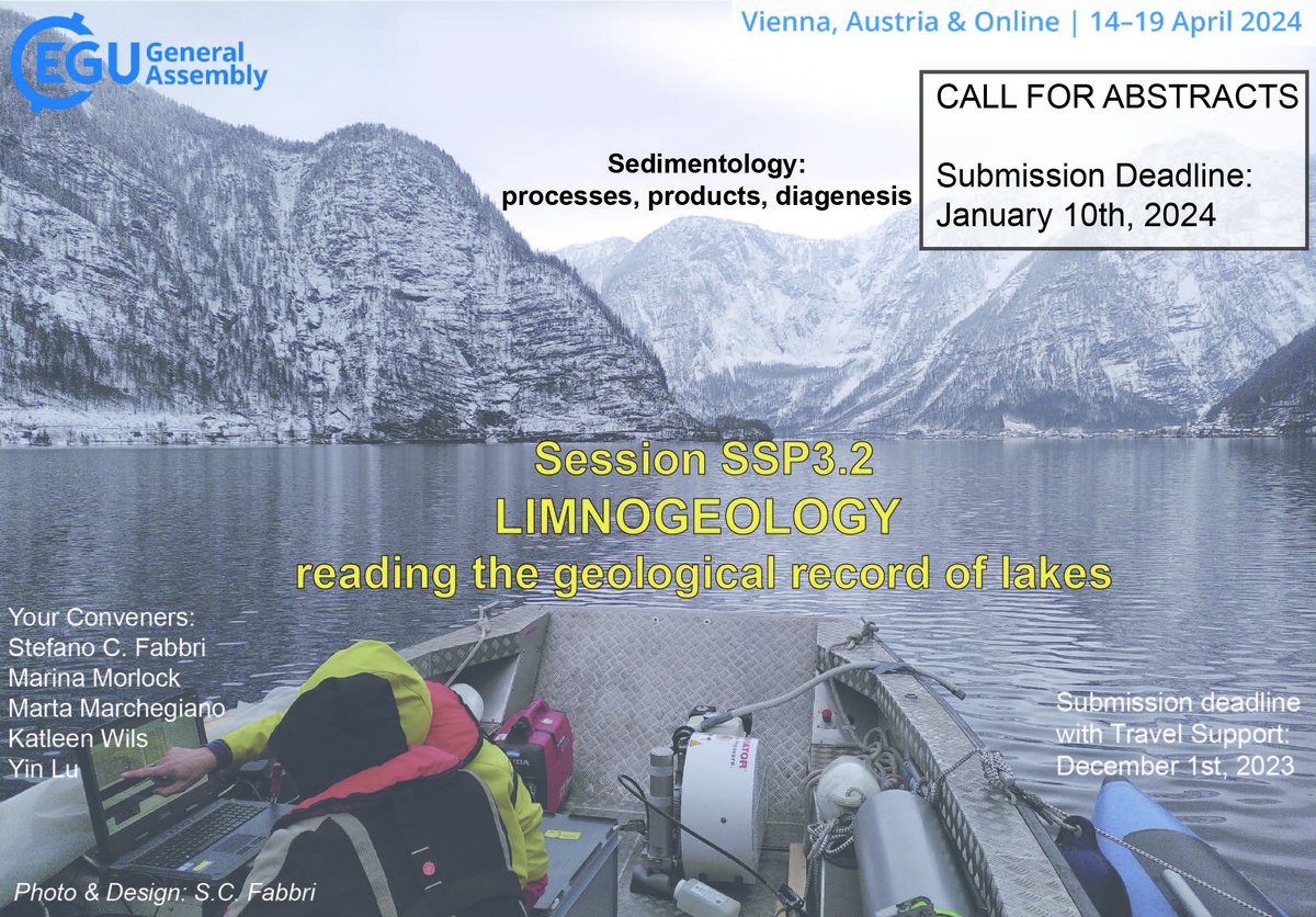 Are you working with lake #sediments? Consider submitting an abstract to our #limnogeology session at #EGU24! Looking forward to a fun session of #lake talks in beautiful #Vienna 🇦🇹☀️

📢 Submit before December 1st, and apply for travel support!

meetingorganizer.copernicus.org/EGU24/session/…