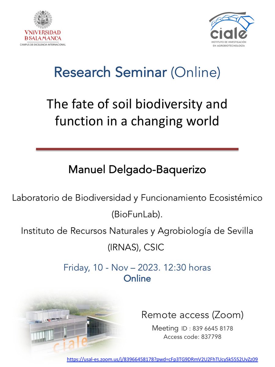Recuerda que este viernes hay seminario
del <a href="/CIALE_USAL/">CIALE</a> y que será 'online'. 👨‍🔬 Con Manuel Delgado-Baquerizo, del <a href="/IRNAS_CSIC/">IRNAS Sevilla</a>.