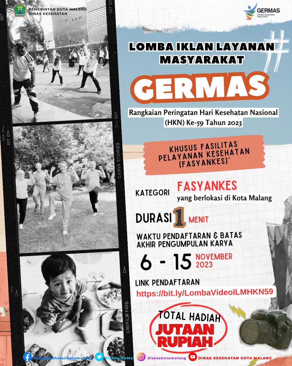 Halo Nawakhealthies

Dalam memperingati HKN ke 59 Tahun 2023 yang akan dilaksanakan tanggal 23 November 2023 di Malang Creative Center. Dinkes Kota Malang mengadakan Lomba Poster dan Video ILM. Yuk join, siapa tau kalian salah satu pemenangnya

<a href="/KemenkesRI/">Kementerian Kesehatan RI</a> <a href="/PemkotMalang/">𝐏𝐞𝐦𝐞𝐫𝐢𝐧𝐭𝐚𝐡 𝐊𝐨𝐭𝐚 𝐌𝐚𝐥𝐚𝐧𝐠</a>