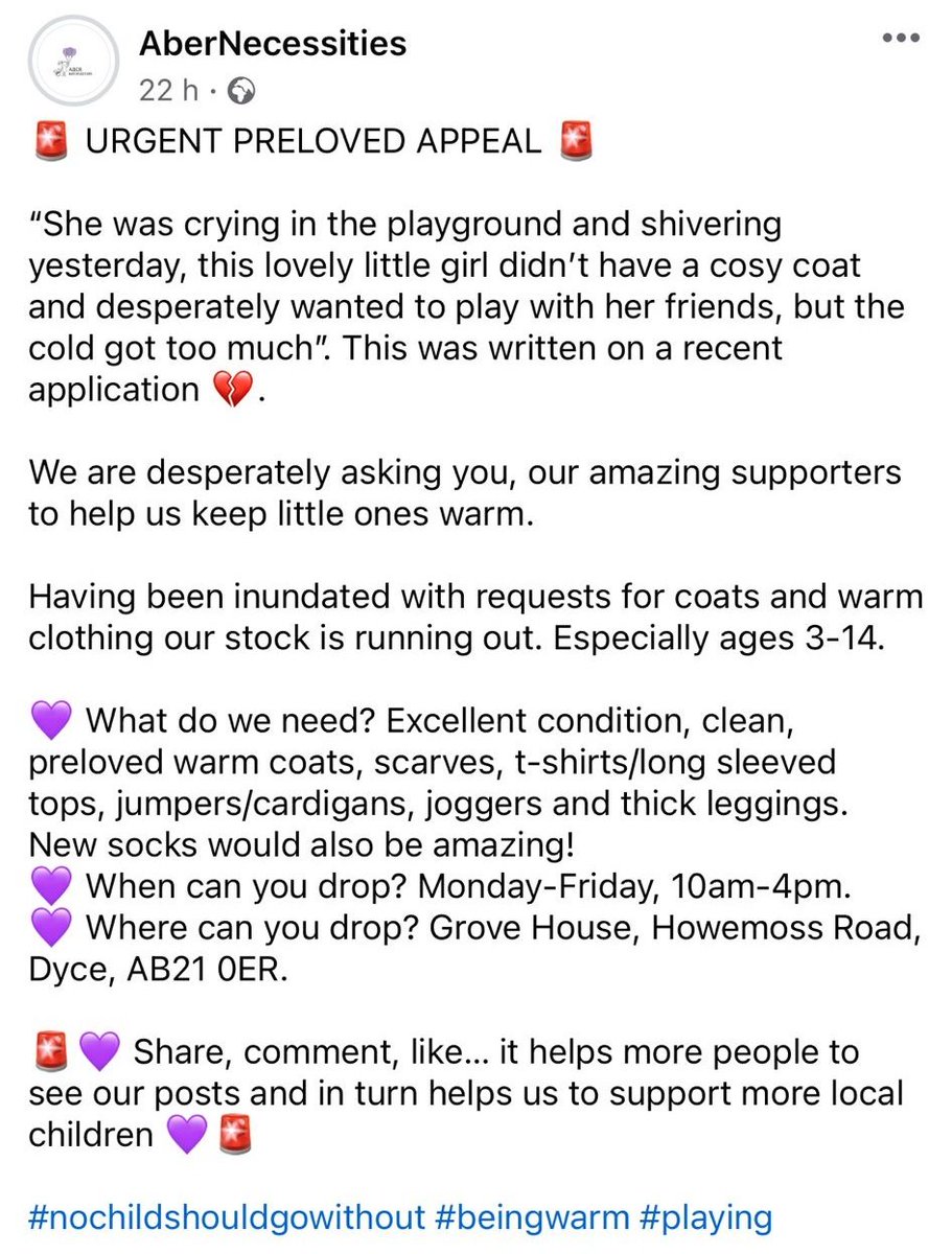 🧵:

This post from Abernecessities is utterly devastating - but sadly, it is not surprising. 

Since the summer, Aberdeen Labour councillors have been raising the issue of the winter clothing crisis that our communities are now facing.