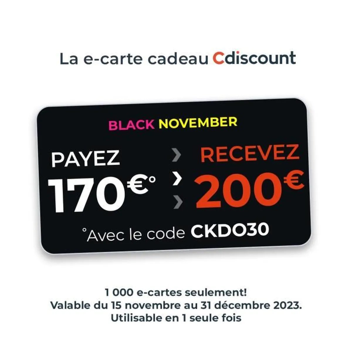 le_crocodeal's tweet image. 🚨 Bon plan #Cdiscount #BlackNovember : il y a une promo -30€ sur la carte cadeau 200€ avec le code CKDO30. Soit la e-carte cadeau Cdiscount d'une valeur de 200€ qui revient à 170€ !

➡️ Voir ici : tidd.ly/3QMlCAD