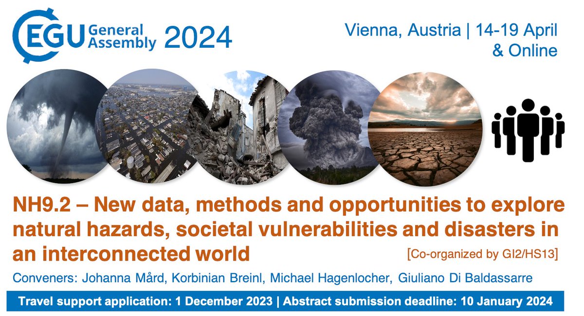 Join our session NH9.2 'New data, methods and opportunities to explore #naturalhazards, societal #vulnerabilities and #disasters in an interconnected world” at #EGU24 
🔥🌪🌊🏜🌋🏚🏘👥🫂🌍
⏳10 January 2024  
🚂Travel support application: 1 Dec. 2023
meetingorganizer.copernicus.org/EGU24/session/…