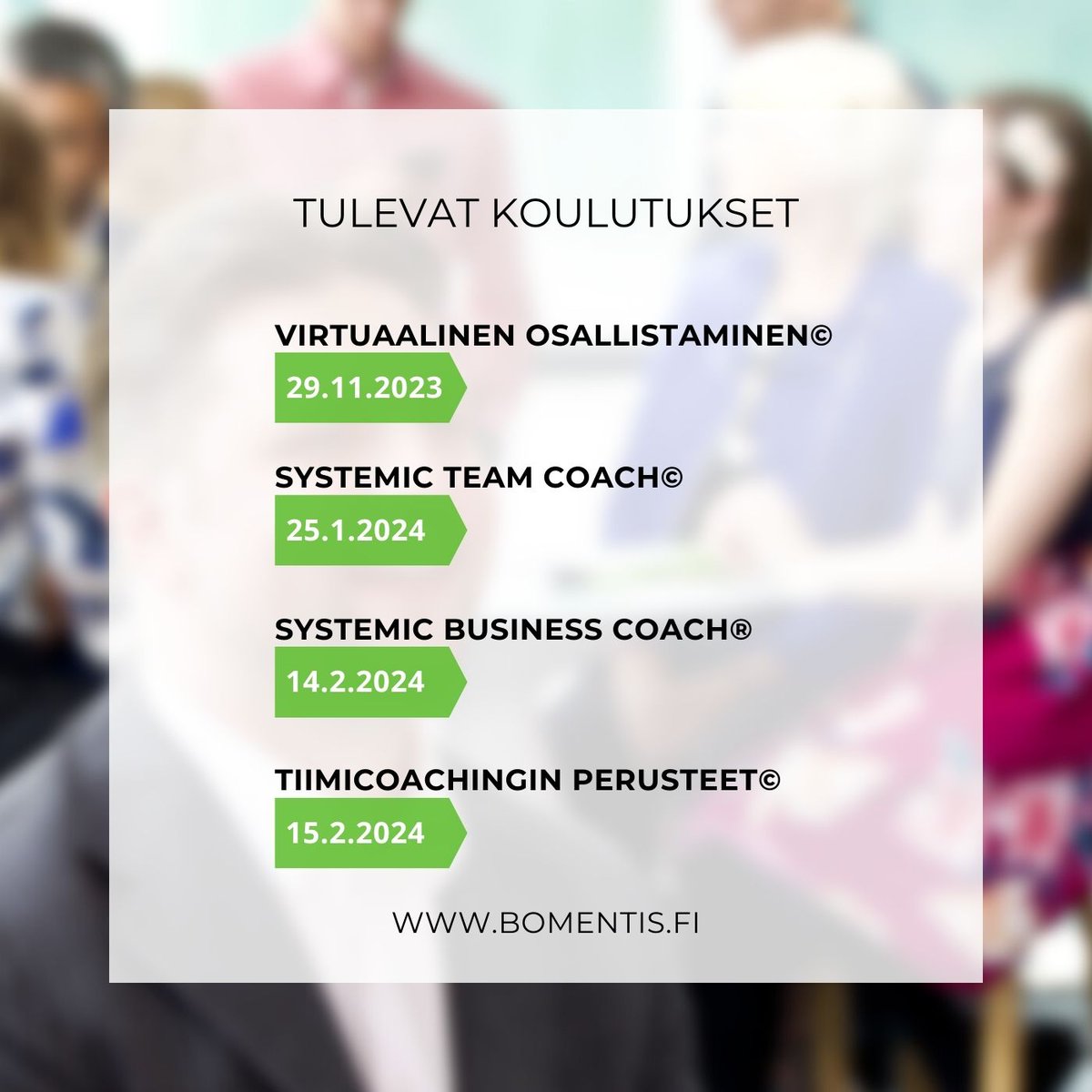 BoMentis_CH's tweet image. Vielä ehdit lähteä mukaan coaching-seikkailuun!

Tutustu alkaviin koulutuksiimme: 
bomentis.fi/avoimet-coachi…

#coaching #systemicteamcoaching #teamcoach #tiimicoach #systeemisyys