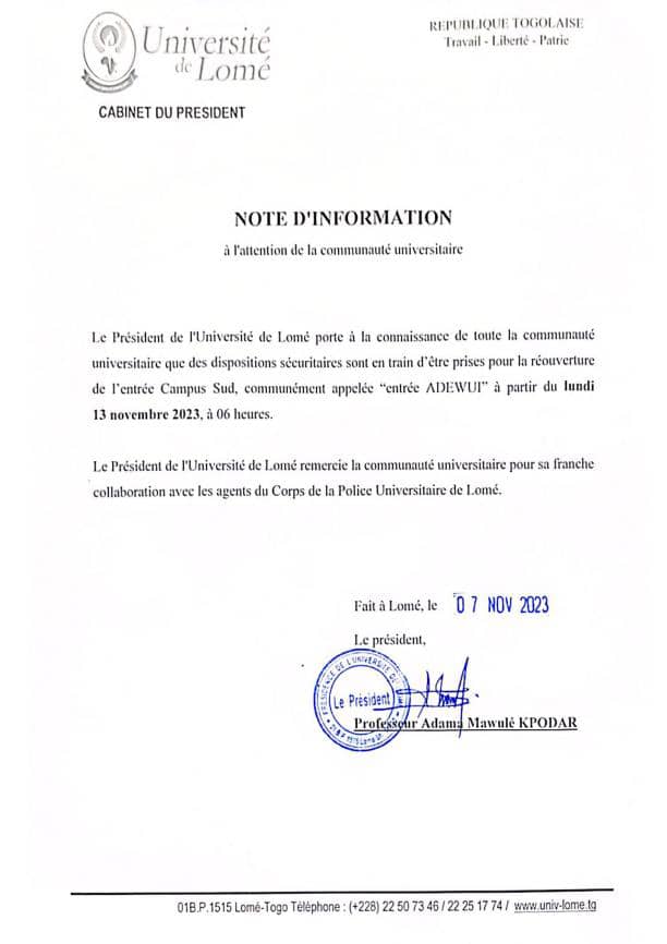 L'une des toutes 1eres décisions salutaires du président #KPODAR : la réouverture de la petite entrée Sud, communément appelée Entrée Adewi. <a href="/UniveLomeTg/">Université de Lomé</a>