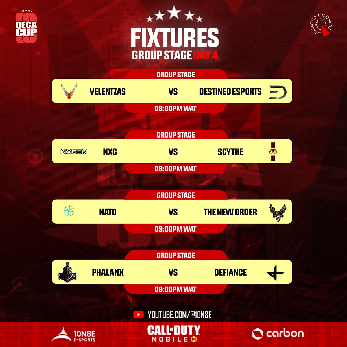 It's Day 4 of Decacup S3, These teams will battle in the group stage, ready to unleash limitless possibilities.🚀💪

Which team will dominate?🧐

Follow @10n8eplay and turn on post notifications for more updates.

#10n8e #codm
#decacupseason3
#esports #esportsnigeria