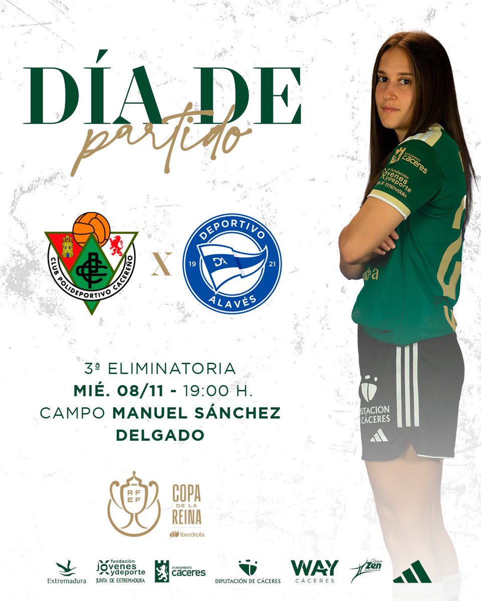 Hoy toca #CopaDeLaReina ⚽️

@CacerenoFem 🟢⚪️
🆚 
@AlavesFem 🔵⚪️

📅 08/11/2023
🏟 Manuel Sánchez Delgado
⌚ 19:00

#AúpaCacereño
#GoazenGloriosas