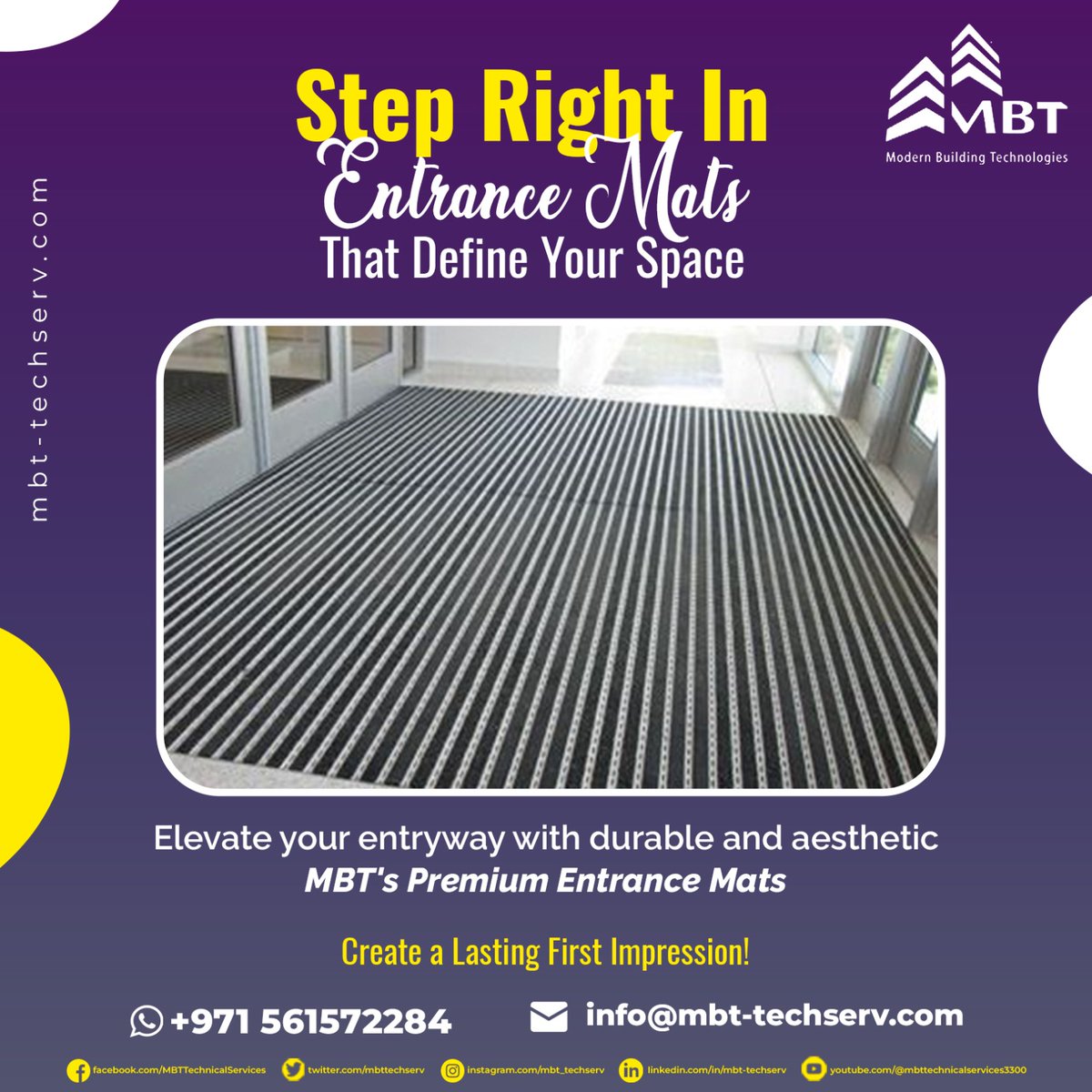 mbttechserv's tweet photo. 🏢 Impress Visitors and Enhance Your Business Entryway! 🌆

MBT's Entrance Mats are the key to a professional and clean entryway!

🔍 Find out more here: https://t.co/YI2VhPYbL3
📱 WhatsApp: +971502323001
📞 Call: +971561572284
📧 Email: info@mbt-techserv.com

#mbt #entrancemats https://t.co/64Nw6X8kLR