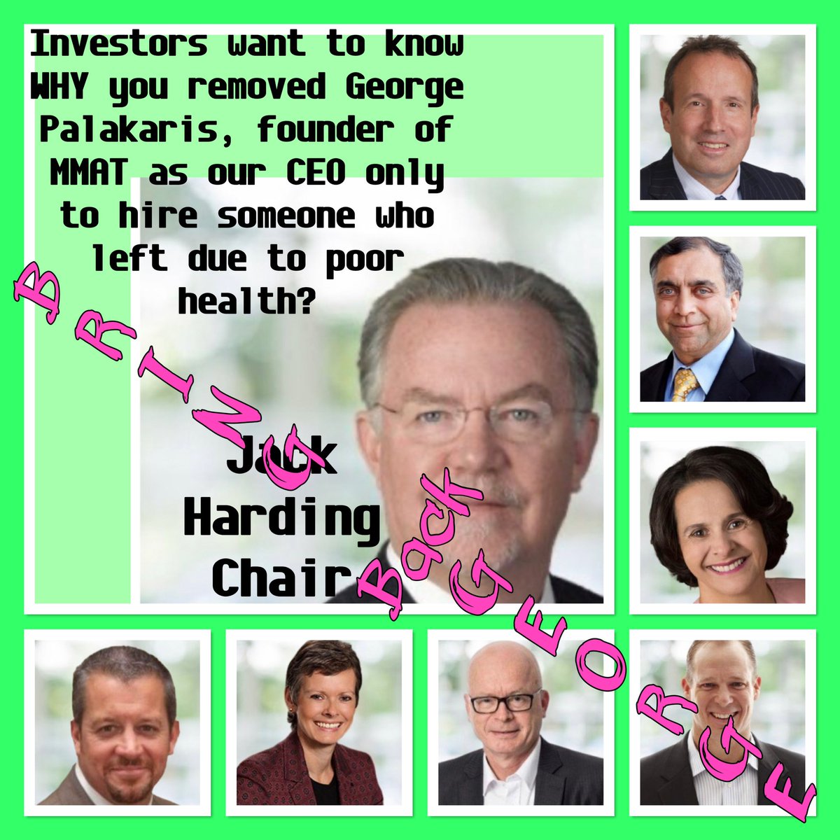 Susanmarie2222's tweet photo. WE WANT TO KNOW WHICH BOARD
MEMBERS REMOVED GEORGE
PALIKARAS AS OUR CEO OF MMAT
SO WE CAN MAKE SURE TO
"REMOVE THEM" IN DECEMBER.
BRING BACK GEORGE. HE FOUNDED THE COMPANY. #BringBackGeorge https://t.co/VASslPkpDy