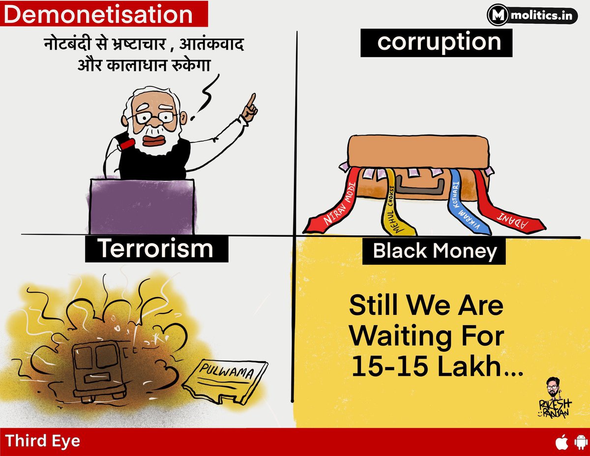cartoonistrrs's tweet image. 15-15 लाख आपके खाते में आए क्या ?
#Demonisation