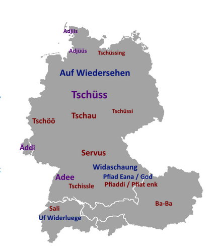 Diese Karte zeigt auf, welche Abschiedsformeln es gibt. Damit sind natürlich nicht alle Varianten erfasst. Darauf wird im Text auch hingewiesen. Und es werden weitere Wendungen genannt, z.B.: Bis dann, mach’s gut, einen schönen Tag noch, man sieht sich. kristianmitk.wordpress.com/2016/03/01/gru…