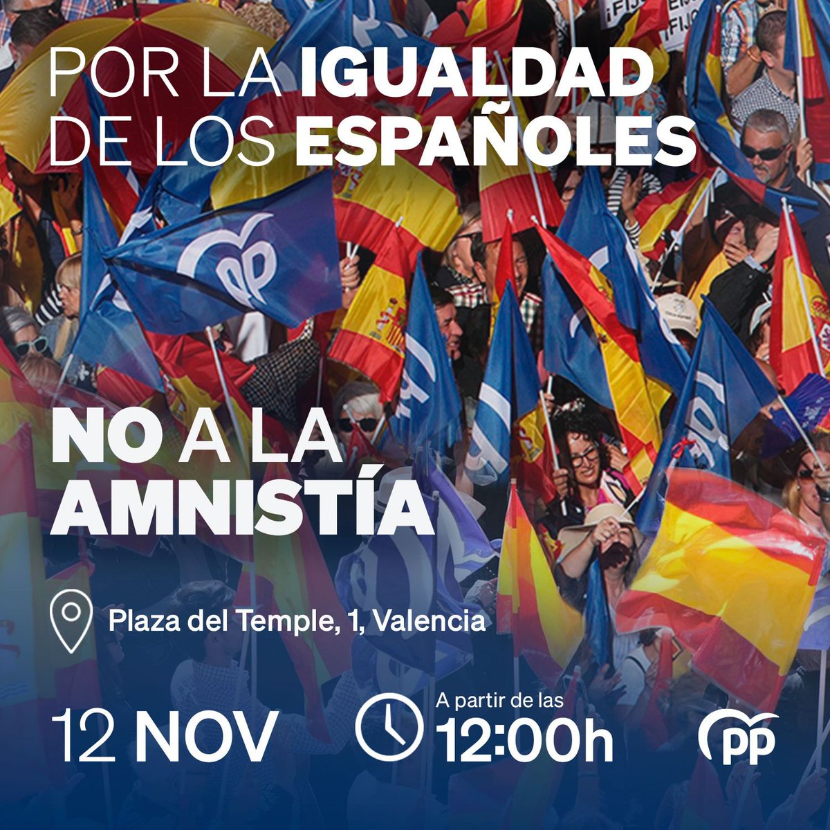 Por la igualdad de todos los españoles.
Por nuestro Estado de derecho.
Por nuestra Constitución.
Por la unidad de #España 🇪🇸

🗓️ 12 de noviembre
🕙 12:00h
📍 Plaza del Temple, 1 (Valencia)

#NoALaAmnistía #NoEnMiNombre