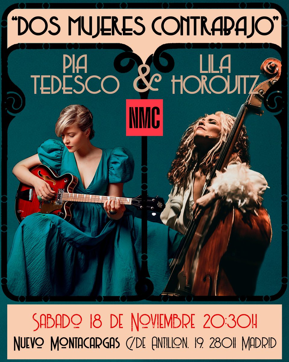 DOS MUJERES CONTRABAJO
Concierto de <a href="/PiaTedesco/">Pía Tedesco</a> (voz y guitarra) y Lila Horovitz (contrabajo y voces).
Descubre cómo hacen de nuevas canciones un clásico y de los clásicos, nuevas canciones.
🗓 sáb 18 nov 20:30h📍Nuevo Montacargas
🎟Entradas: ticketandroll.com/evento/dos-muj…