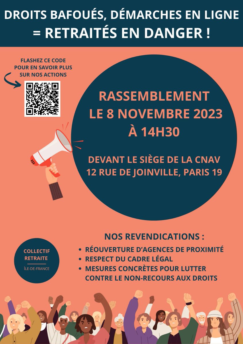 📣Mercredi 8 novembre à 14h30 
Un nouveau rassemblement est organisé par le @collectifretraiteidf pour demander l'application de mesures concrètes et urgentes pour lutter contre le non-recours aux droits des retraités et futurs retraités 
#retraite #fracturenumérique