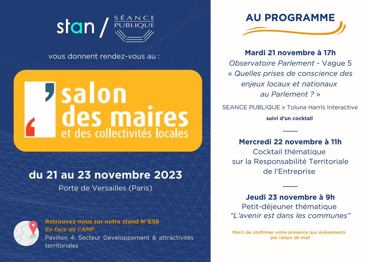 ⭐ SALON DES MAIRES 2023 ⭐ 
SÉANCE PUBLIQUE sera présente avec STAN au #SMCL2023 !
Venez assister à l'Observatoire Parlement  Mardi 21 novembre à 17h !