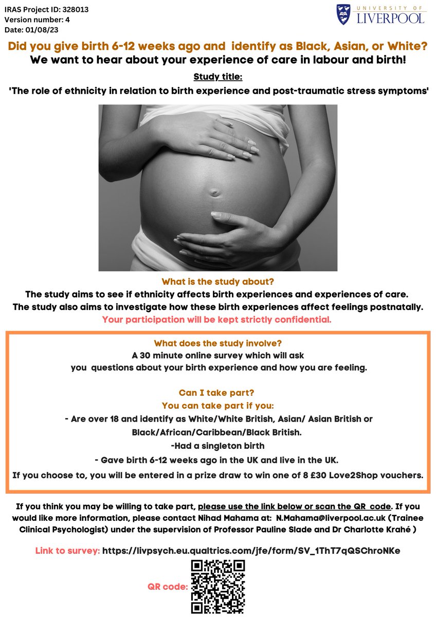 Nihad Mahama is a doctoral student researching the role of ethnicity in relation to birth experience and post-traumatic stress symptoms and is looking for people to take part. Here is the link to the survey:  livpsych.eu.qualtrics.com/jfe/form/SV_1T…