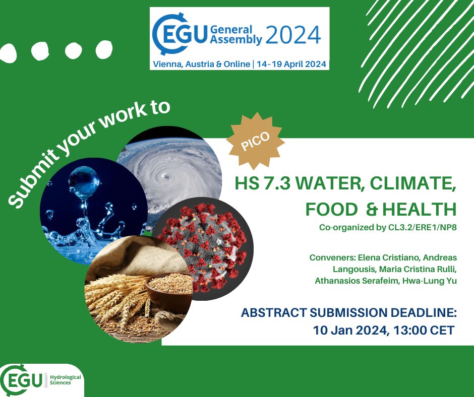 Elena Cristiano (@criselena89) on Twitter photo It's time to start thinking about your contribution to #EGU24!
If you are working on #water, #climate, #food and #health interactions, consider submit your abstract to the <a href="/EGU_HS/">EGU Hydrology</a> Session HS7.3!
Deadline: Jan 10th, 2024, 13:00 CET
<a href="/EuroGeosciences/">European Geosciences Union</a> It's time to start thinking about your contribution to #EGU24!
If you are working on #water, #climate, #food and #health interactions, consider submit your abstract to the <a href="/EGU_HS/">EGU Hydrology</a> Session HS7.3!
Deadline: Jan 10th, 2024, 13:00 CET
<a href="/EuroGeosciences/">European Geosciences Union</a>