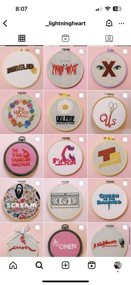 My very clever friend @coolmega did a horror movie theme embroidery every day of October and some of them are still for available which is wild. Good Christmas presents. Hint. Hint hint. 

Go look: 

instagram.com/_lightninghear…