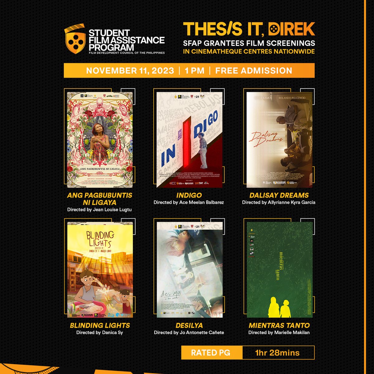 FDCPIloilo's tweet image. 📣 FREE SCREENINGS IN CINEMATHEQUE CENTRES NATIONWIDE | The Student Film Assistance Program #SFAP of the Film Development Council of the Philippines #FDCP presents “Thesis It, Direk” film screenings to be held on November 11 (Saturday) in Cinematheque Centre Iloilo #FDCP #SFAP