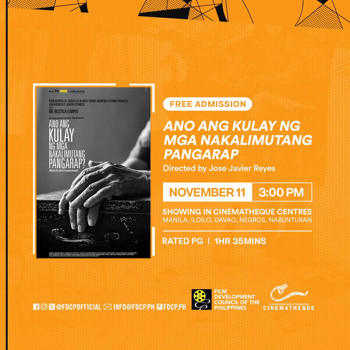 fdcpdavao's tweet photo. 📣 FREE SCREENINGS IN CINEMATHEQUE CENTRES NATIONWIDE | The Student Film Assistance Program #SFAP of the Film Development Council of the Philippines #FDCP presents “Thesis It, Direk” film screenings to be held on November 11 (Saturday) in Cinematheque Centre Davao https://t.co/kuTKSpLEY0