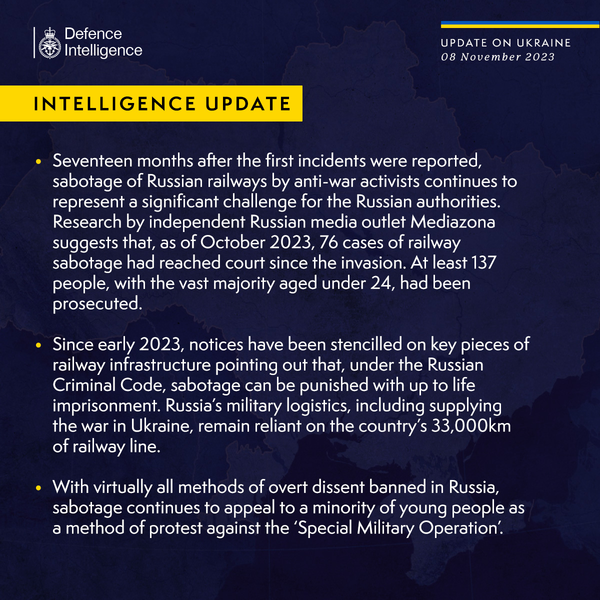 Latest Defence Intelligence update on the situation in Ukraine – 08 November 2023.