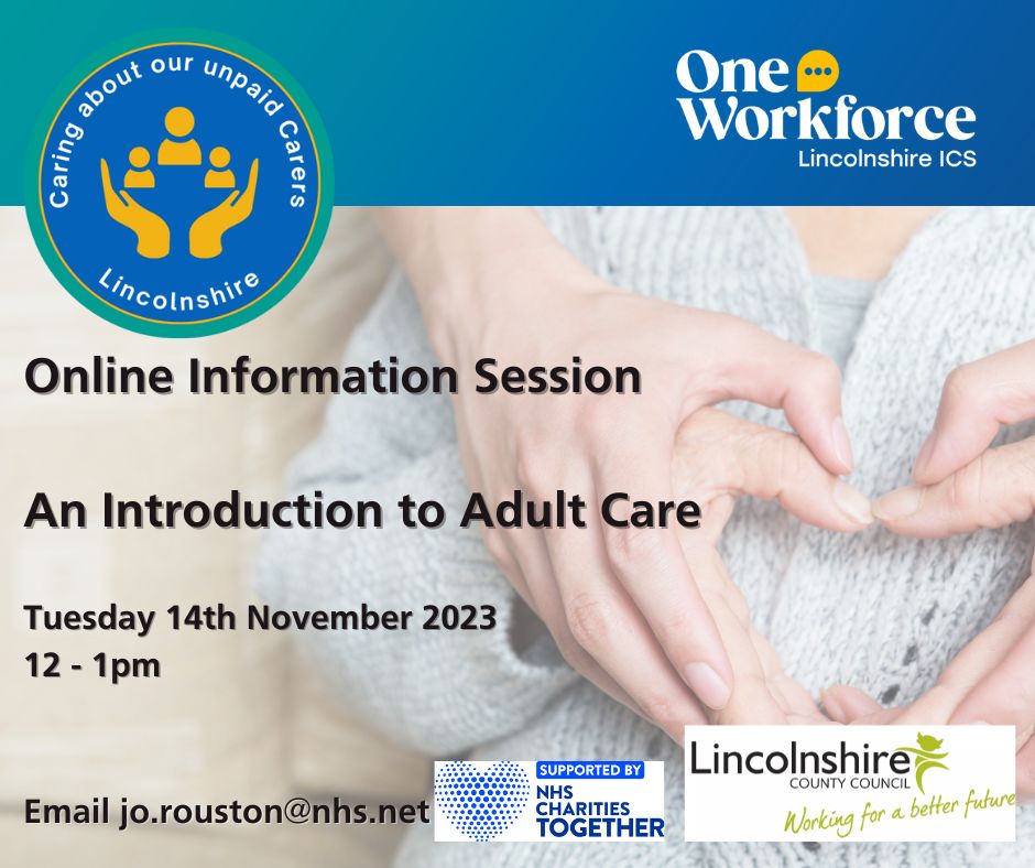 One Workforce, Lincolnshire (@workforce_lincs) on Twitter photo Do you work in the health and care system, but also provide unpaid care for another adult outside of work? Come join us on Tuesday 14 November 12pm-1pm for an information session providing you with an introduction to adult care. To book please email jo.rouston@nhs.net Do you work in the health and care system, but also provide unpaid care for another adult outside of work? Come join us on Tuesday 14 November 12pm-1pm for an information session providing you with an introduction to adult care. To book please email jo.rouston@nhs.net
