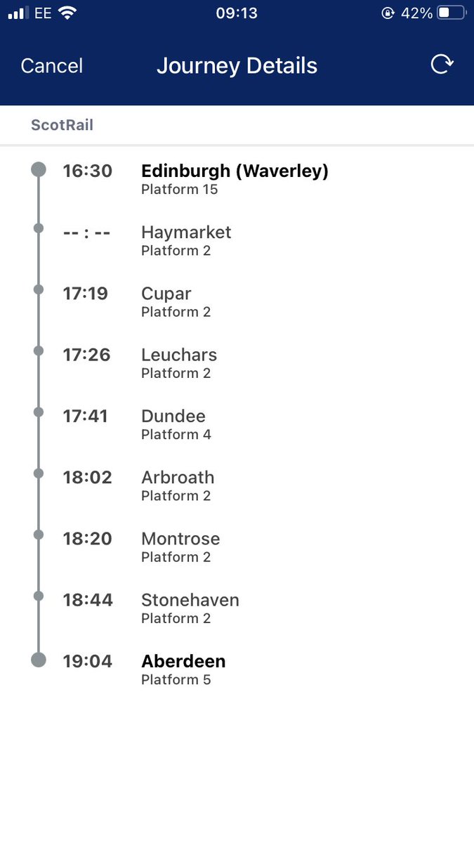 AdamMurph6's tweet photo. @ScotRail hi, I’m getting train tomorrow (9th Nov) from Edinburgh to Aberdeen. Would you be able to confirm it stops at Haymarket? I’m unsure what the screenshot below from the app means https://t.co/13efe3uepF