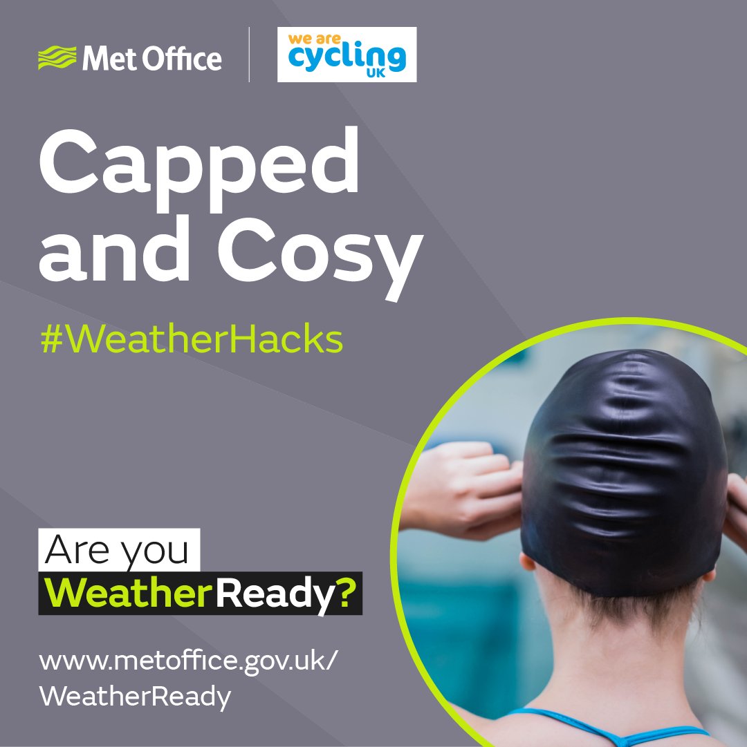 metoffice's tweet image. Think a swimming cap is just for the pool?

@WeAreCyclingUK has a creative #WeatherHack: Add a swimming cap under your bike helmet to help keep your head warm.

Body heat is lost through the head, so this could make all the difference.

#WeatherReady
