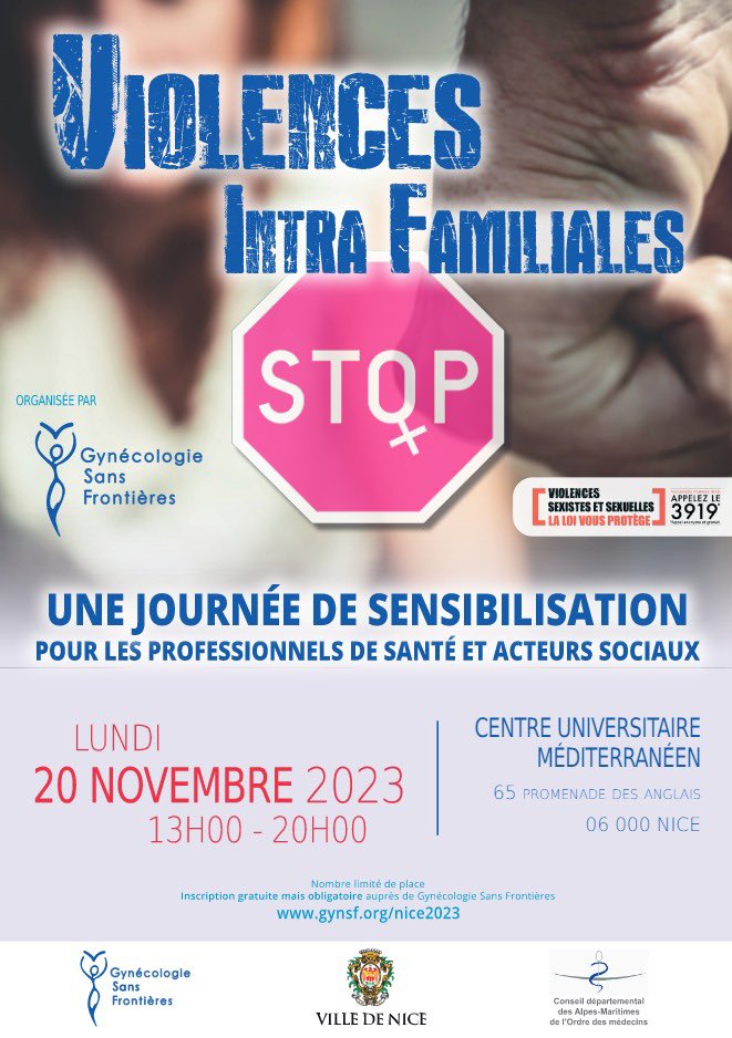 Parce que tous  les professionnels de santé doivent être sensibilisés aux violences Intra Familiales et aux violences faites aux femmes ! 
Inscrivez-vous ⤵️
gynsf.org/nice2023/
<a href="/gynfrontieres/">Gynécologie Sans Frontières</a> #ConseilDepartementalOrdredesMedecins06 <a href="/prefet06/">Préfet des Alpes-Maritimes🇫🇷</a> 
<a href="/CHUdeNice/">CHU de Nice</a> <a href="/VilledeNice/">Ville de Nice</a>
