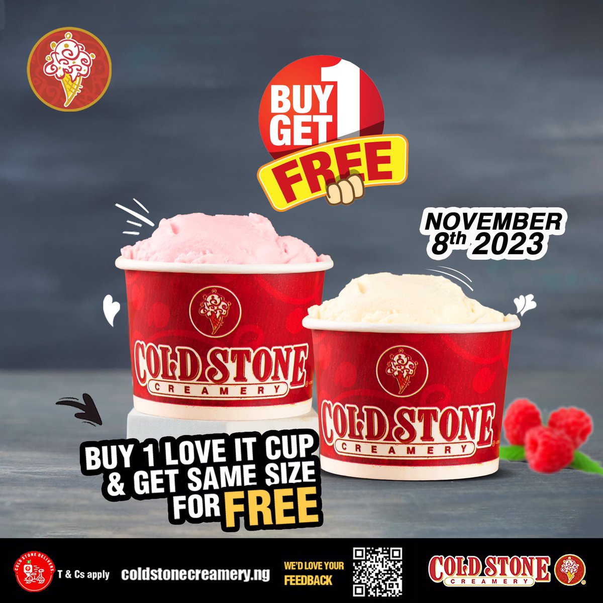 Happy New Month💃🏽🕺🏻 Ice cream lover🥰, enjoy 2 Love it cups of ice cream for the price of 1 with our Buy 1 Get 1 Free deal today!!😍💃 This offer is valid today only, the 8th of November across all Cold Stone NG stores, and valid on Love it cup size📢📢 Hurry to the closest…