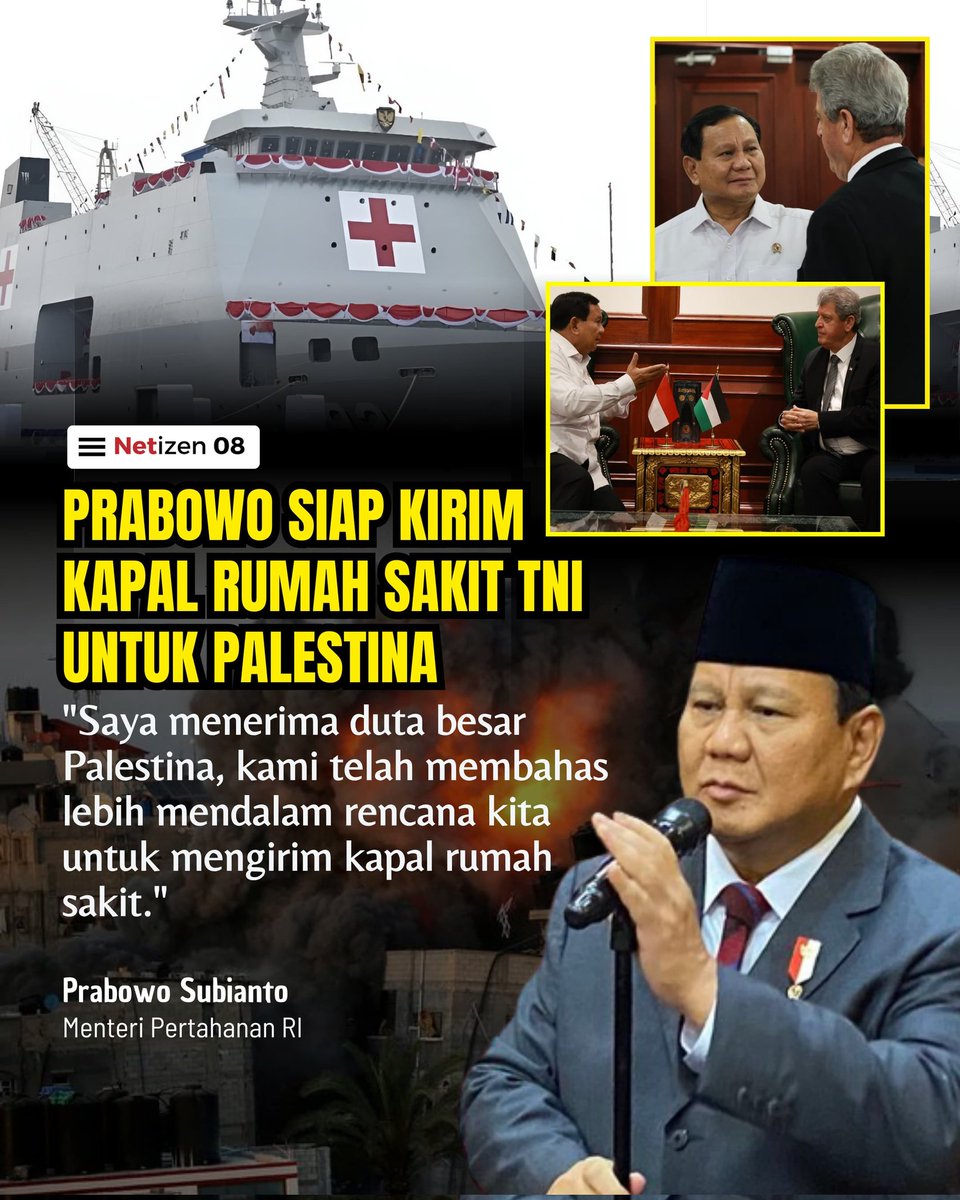 Dubes Mesir memberikan apresiasi atas langkah Prabowo tersebut dengan menyebut bahwa inisiatif bantuan dari Pemerintah Indonesia untuk Palestina merupakan wujud nyata sikap dan tindakan solidaritas untuk kemanusiaan. #ProPalestina ga banyak omong lgsg bertindak 👍🏻