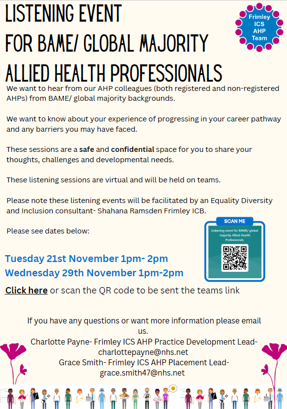 FrimleyICSAHPs (@frimleyicsahps) on Twitter photo Later this month we're hosting listening events for BAME/Global Majority AHPs working within Frimley ICS. Please share with your teams and colleagues! Registration form: forms.office.com/pages/response… #BAME #EDI <a href="/ShahanaRamsden/">shahanaramsden</a> <a href="/FrimleyHC/">FrimleyHealth&CareICS</a> <a href="/FrimleyHealth/">Frimley Health NHS Foundation Trust 💙</a> <a href="/BHFT/">Berkshire Healthcare</a> <a href="/AHPs_sabp/">@AHPs_SABP</a> Later this month we're hosting listening events for BAME/Global Majority AHPs working within Frimley ICS. Please share with your teams and colleagues! Registration form: forms.office.com/pages/response… #BAME #EDI <a href="/ShahanaRamsden/">shahanaramsden</a> <a href="/FrimleyHC/">FrimleyHealth&CareICS</a> <a href="/FrimleyHealth/">Frimley Health NHS Foundation Trust 💙</a> <a href="/BHFT/">Berkshire Healthcare</a> <a href="/AHPs_sabp/">@AHPs_SABP</a>
