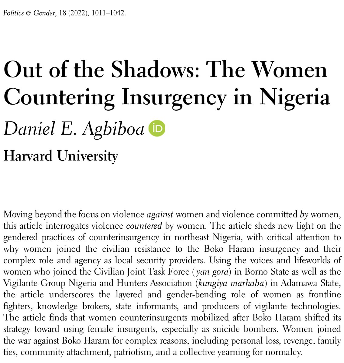 🏆The Politics & Gender Best Article Prize now has its own webpage! 🏆Articles are 🌟open-access🌟 until further notice here: cambridge.org/core/journals/… The 2023 winner is @DanielAgbiboa for his article on women countering insurgency in 🇳🇬 - direct link: cambridge.org/core/journals/…