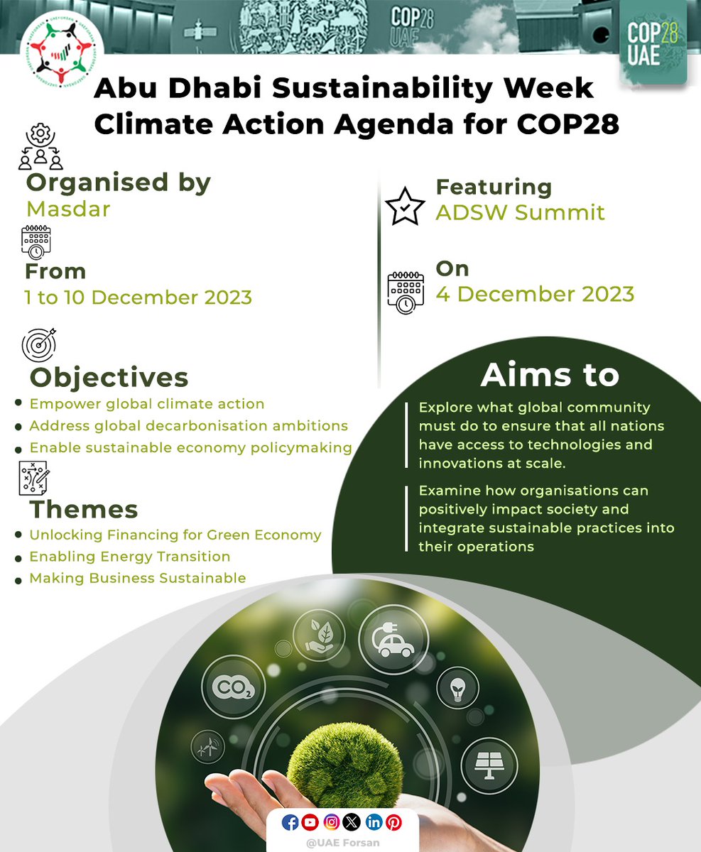 UAE_Forsan's tweet photo. Abu Dhabi Sustainability Week
Climate Action Agenda for COP28
#ADSWArtForChange #UnitedOnClimateAction #AbuDhabi #ClimateAction #YearofSustainability #MOCCAE #COP28UAE #TodayforTomorrow #ClimateChange #FoodSecurity
@ADSWagenda
@COP28_UAE
@Masdar https://t.co/DAlcN40hqN