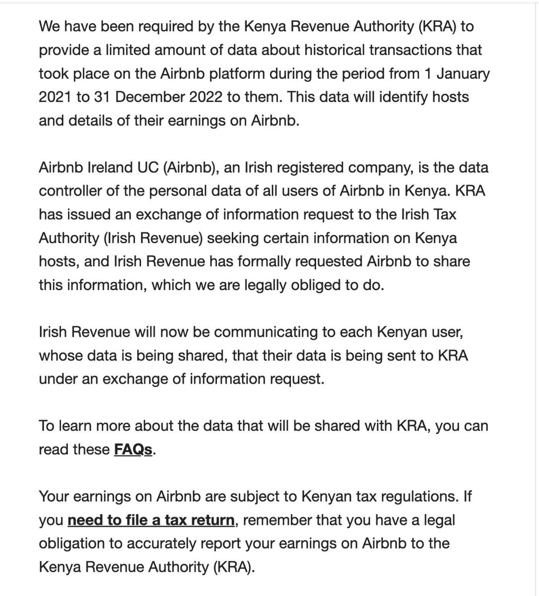KRA has requested for historical data transactions of Airbnb's
