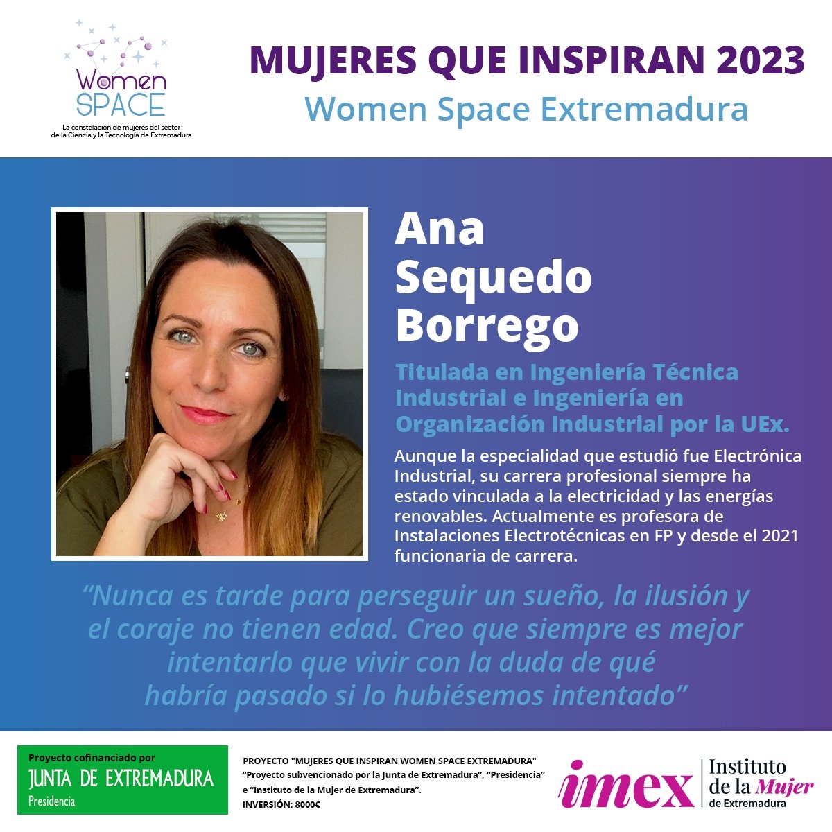 ✨ 𝐌𝐔𝐉𝐄𝐑𝐄𝐒 𝐐𝐔𝐄 𝐈𝐍𝐒𝐏𝐈𝐑𝐀𝐍 𝟐𝟎𝟐𝟑 ✨

Os presentamos a 𝐀𝐧𝐚 𝐒𝐞𝐪𝐮𝐞𝐝𝐨 𝐁𝐨𝐫𝐫𝐞𝐠𝐨, Ingeniera Técnica Industrial e Ingeniera en Organización Industrial por la <a href="/infouex/">UEx</a> 👩‍🎓 Es profesora de Instalaciones Electrotécnicas en FP 👉 womenspace.es/2023/10/24/ana…