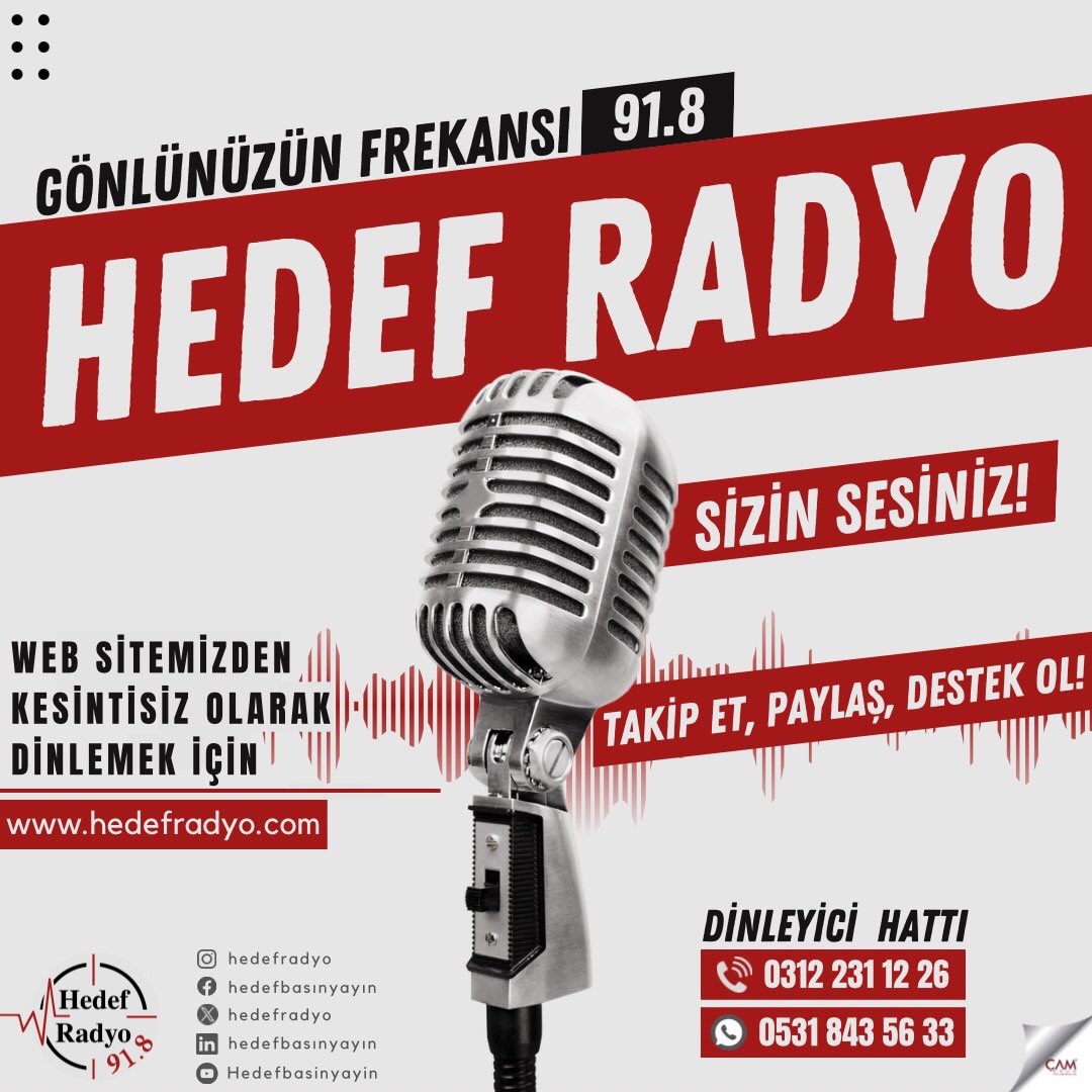 Gönlünüzün Frekansı sizlerle daha güçlü!

Bizleri radyolarınızdan 91.8 frekansıyla ve hedefradyo.com adresinden kesintisiz olarak dinleyebilirsiniz!

Hesabımızı takip ederek ve gönderilerimizi paylaşarak destek olabilirsiniz. Unutmayın Hedef Radyo SİZİN SESİNİZ!