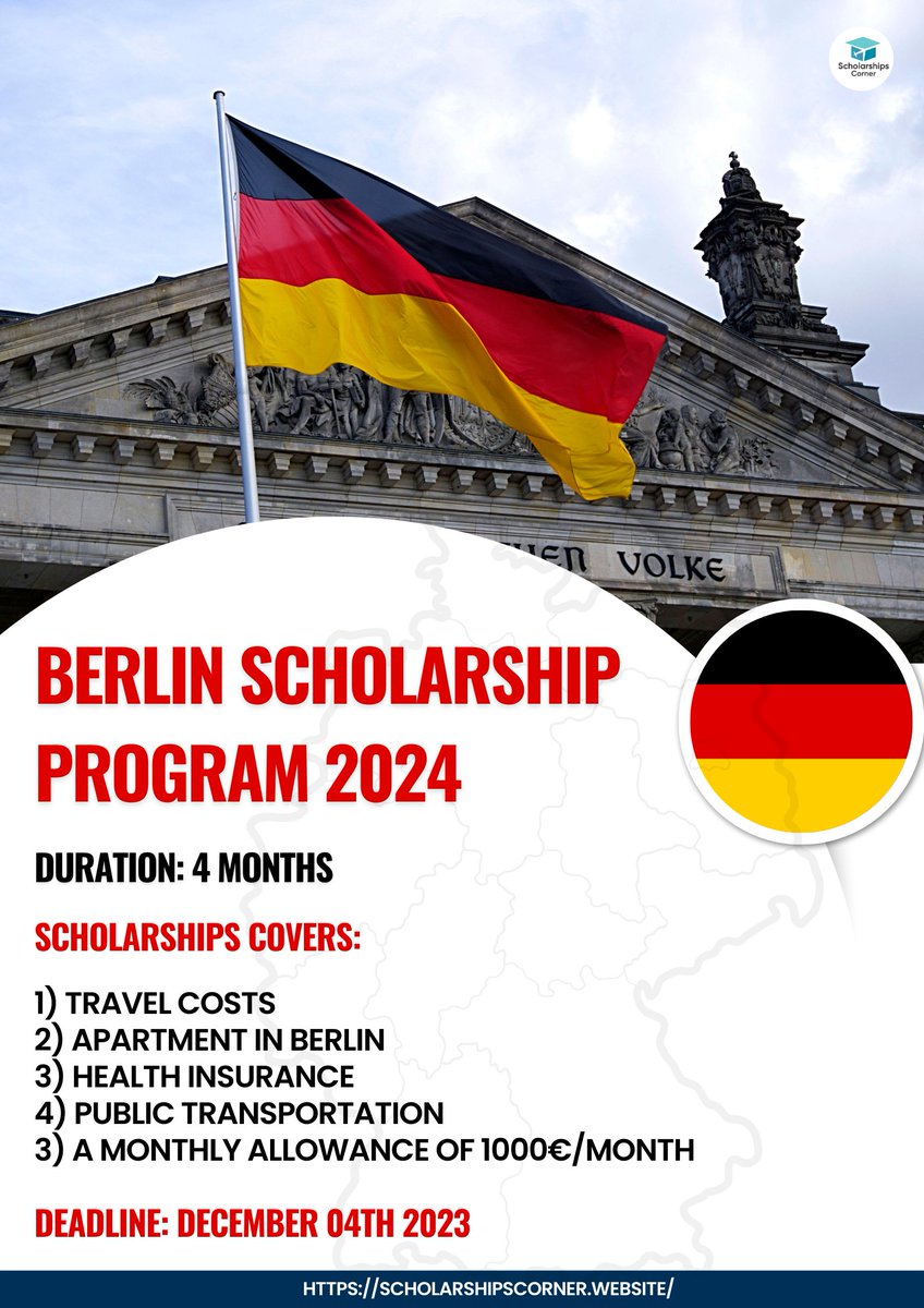 scholar_corner's tweet photo. Berlin Scholarship Program in Germany | Fully Funded

Link: https://t.co/s0Riam2jL2

They cover the travel costs, take care of all visa-related matters, apartment in Berlin for the duration of the scholarship, grant a monthly allowance of 1000€/month, and public transportation https://t.co/3c4wizyrk3