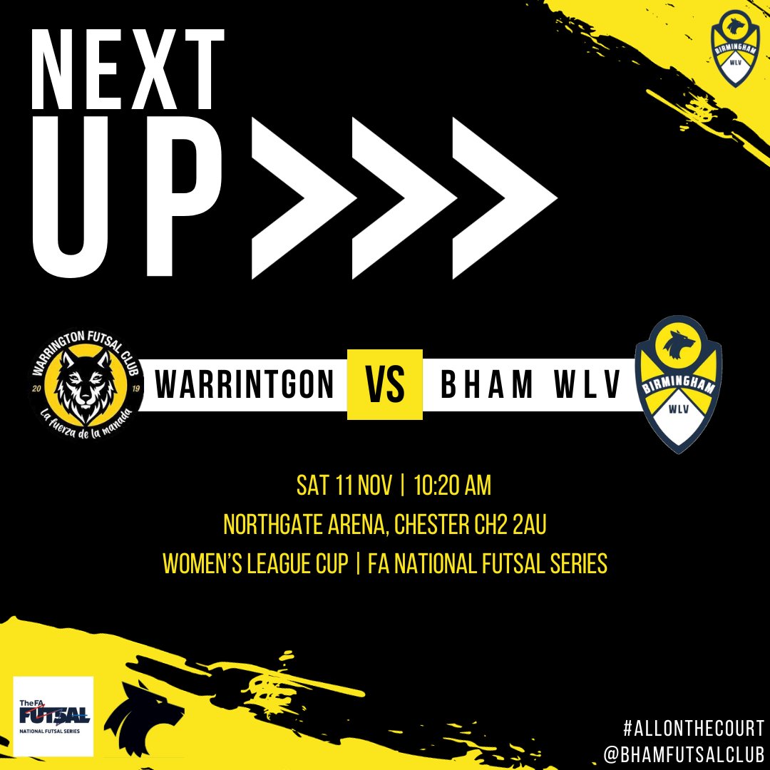NEXT UP ➡️

Our women's first team travel to <a href="/WarrFutsalClub/">Warrington Futsal Club OFFICIAL</a> looking to continue their form in the <a href="/FA_NFS/">FA National Futsal Series</a> Women's League Cup! 🏆

<a href="/wlv_sport/">WLV Sport</a> 

#futsal #womensfutsal #allonthecourt