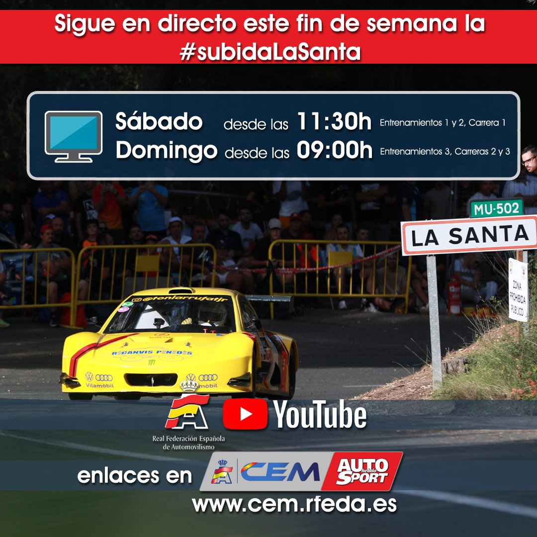 CEM_RFEdA's tweet photo. Este fin de semana sigue en directo la #subidalasanta, última prueba del #cemautohebdo, en del canal de #YouTube de la @RFEdeA 
Sábado:
https://t.co/xBs36e5lqi
Domingo:
https://t.co/HSPhPOAcEn https://t.co/yi2mOhRWm1