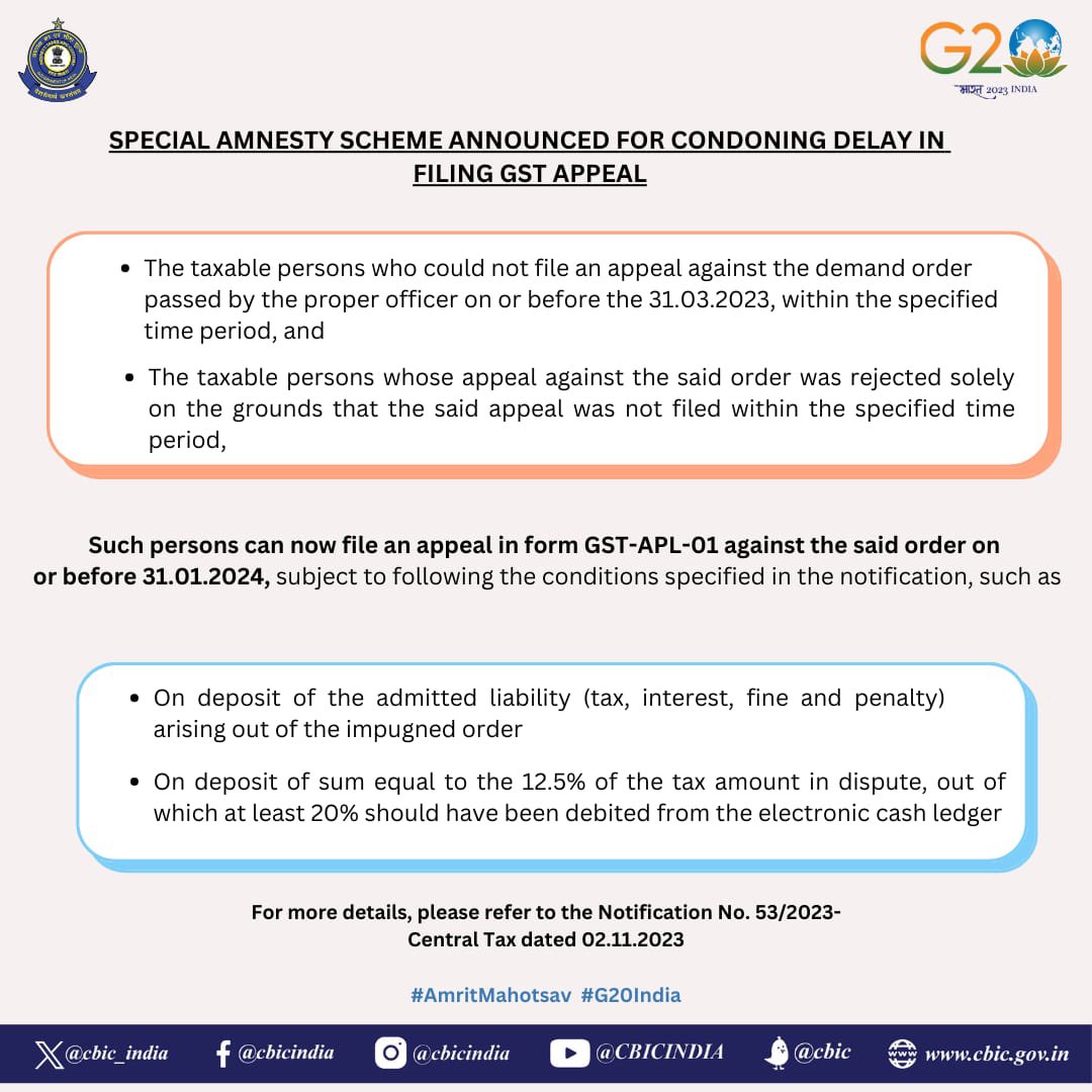Special Amnesty Scheme announced for condoning delay in filing GST Appeal.

Refer notfn 👉 taxinformation.cbic.gov.in/view-pdf/10099…